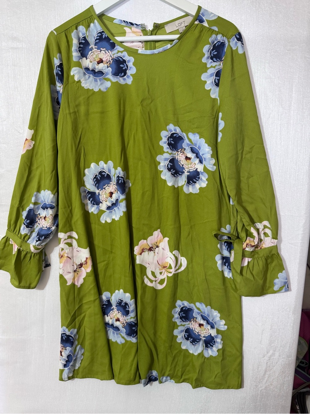 LOFT Olive Green Floral Dress with Navy & Blush Blooms